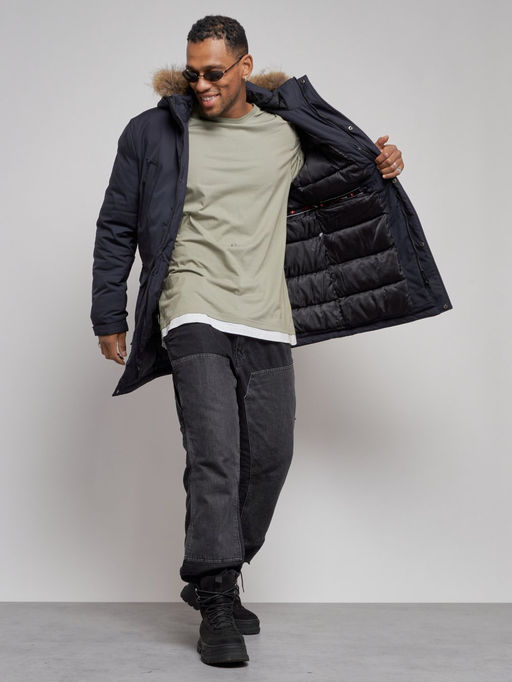 Парка мужская зимняя удлиненная с мехом темно-синего цвета 8318TS - Wonderrman фото 14