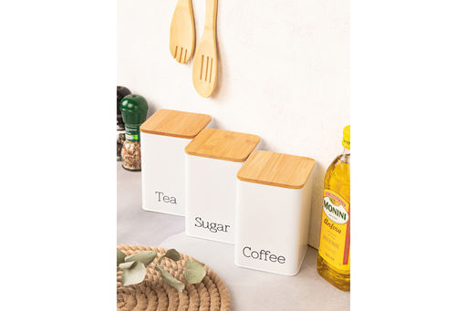 Набор 3 банок для сыпучих продуктов 1,1 л 9,5*9,5*14,5 см Tea, coffee, sugar белый с бамбук.крышк
