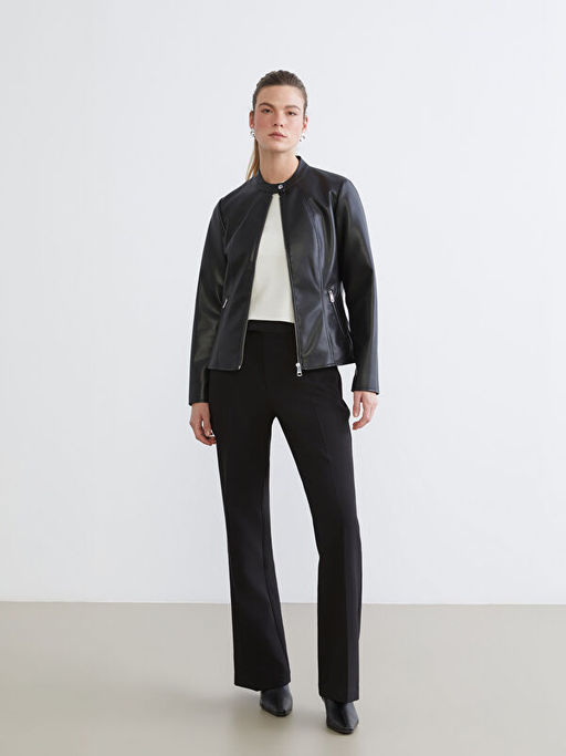 Bisiklet Yaka Kad?n Deri G?r?n?ml? Ceket