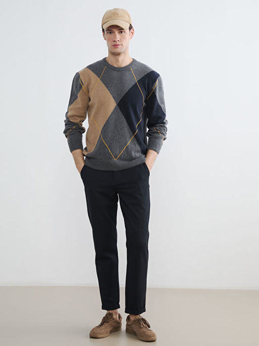 Bisiklet Yaka Baklava Desenli Erkek Triko Kazak