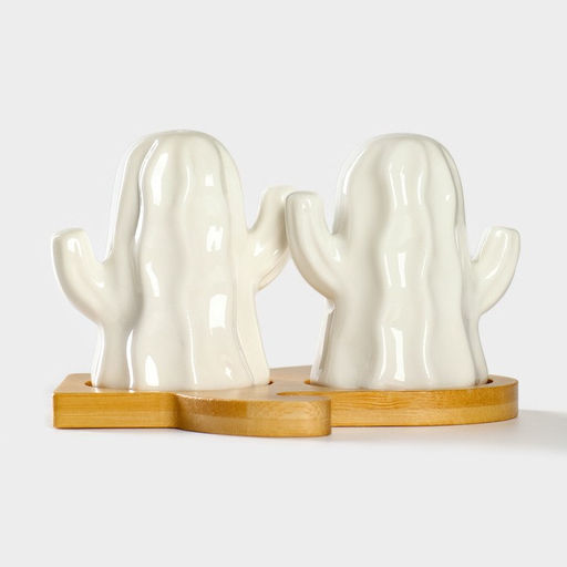 Набор для специй BellaTenero Кактусы, солонка 75 мл, перечница 75 мл, на бамбуковой подставке, фарфор, белый  фото 8