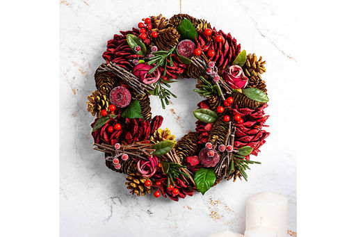 Новогоднее украшение венок 34*34*8 см Красный бархат круг