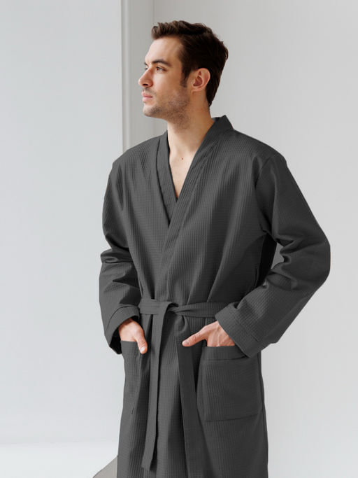 Мужской вафельный халат с планкой темно-серый В-03 (32)