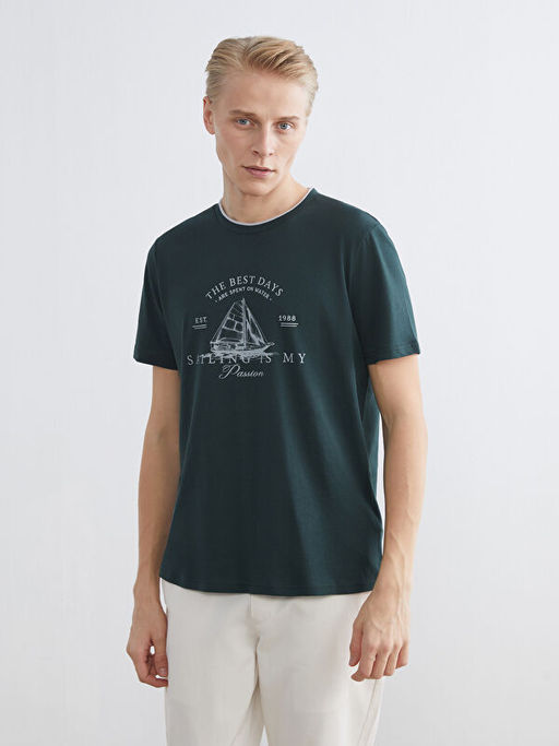 Bisiklet Yaka Bask?l? Erkek Ti??rt