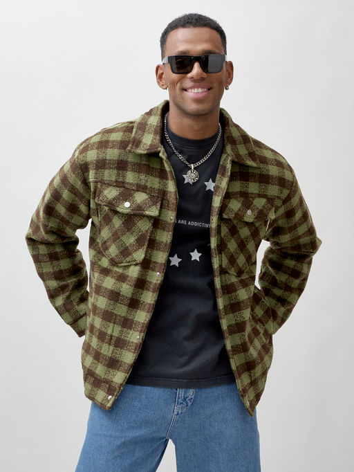 Куртка рубашка шерстяная в клетку мужская демисезонная зеленого цвета 58566Z