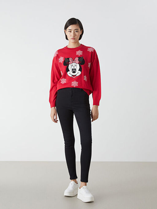 Bisiklet Yaka Minnie Mouse Desenli Kad?n Triko Kazak