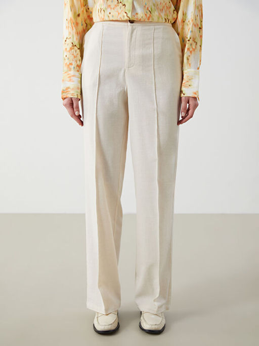 Standart Fit D?z Keten Kar???ml? Kad?n Pantolon