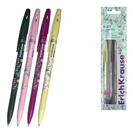 Цена за 50 шт. Ручка шариковая ErichKrause R-301 Stick Floral Soul 0.7, цвет чернил синий (в коробке по 50 шт.)