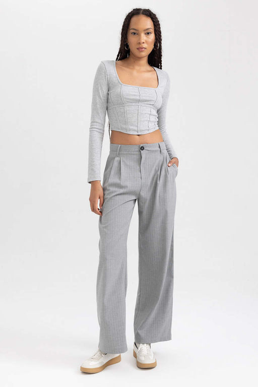 Приталенная футболка с длинными рукавами и круглым вырезом в рубчик - Defacto фото 6