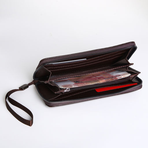 Портмоне-клатч мужской на молнии, с ручкой, коричневое