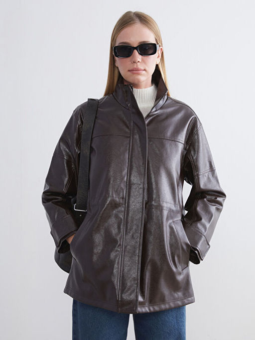 Dik Yaka Oversize Kad?n Deri G?r?n?ml? Mont