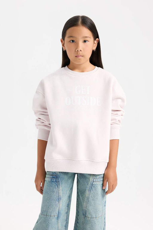 Мягкий пушистый свитшот оверсайз для девочек с широким вырезом и круглым вырезом сзади с принтом - Defacto фото 3