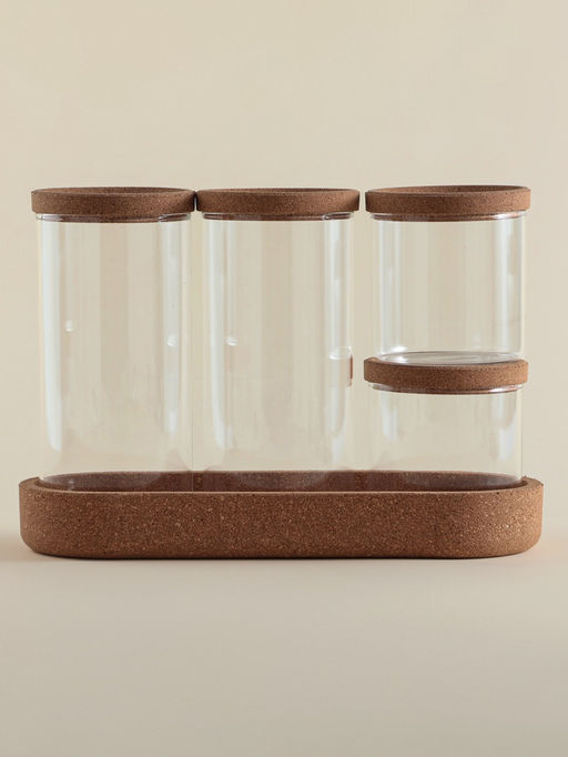 Банки для сыпучих SL Home «Алькорноке», 2 банки 280 ми, 2 банки 650 мл, с пробковой крышкой, на подставке, стекло, прозрачные