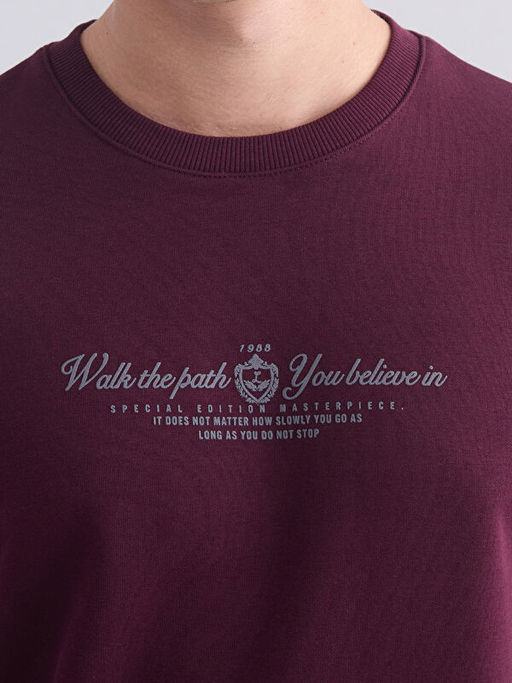 Standart Kal?p Bisiklet Yaka Bask?l? Erkek Kal?n Sweatshirt