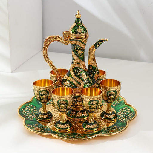 Набор посуды сувенирной: винный кувшин, 6 бокалов, поднос Турция. Цветы и узоры, зелёный с золотом