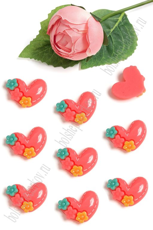 Кабошон "Сердечко с цветочками" (50 шт) SF-5735, коралловый