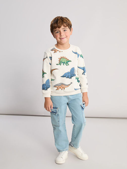 Erkek ?ocuk Dinozor Bask?l? Kal?n Sweatshirt