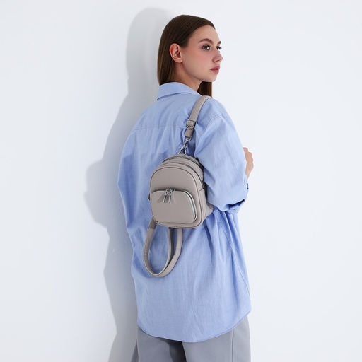 Сумка-рюкзак на молнии, 3 наружных кармана, длинный ремень, цвет серо-бежевый - Simaland фото 10