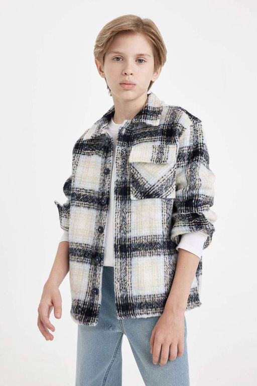 Фланелевая рубашка оверсайз для мальчика с воротником-поло и длинными рукавами - Defacto фото 4