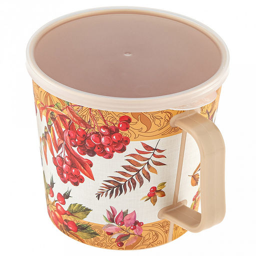 Контейнер-кружка пластмассовый 0,75л, д11,2см, 10,5см, с крышкой, с клапаном, бежевый, с декором, подходит для СВЧ (Россия)