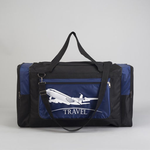 Сумка дорожная на молнии, 3 наружных кармана, длинный ремень, чёрная, синяя