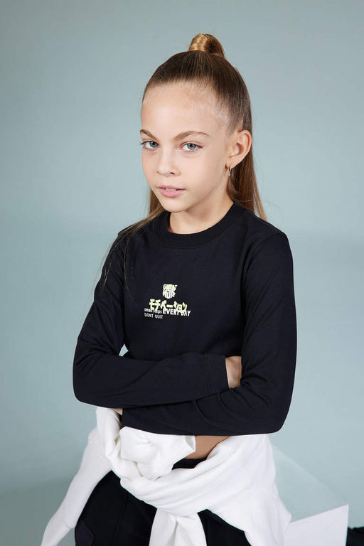 Футболка с длинным рукавом и принтом для девочек с круглым вырезом - Defacto фото 3