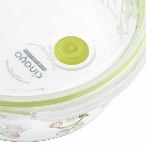 Контейнер стеклянный Ландыши 900мл, д17см h6,6см, боросиликатное стекло, с деколью, круглый, пластмассовая крышка с пароотводом, герметичная, с клипсами, с силиконовым уплотнителем (Китай) - Домашняя Мода фото 6