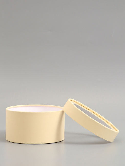 Подарочная коробка круглая, сливочный, завальцованная с окном, 18×10 см