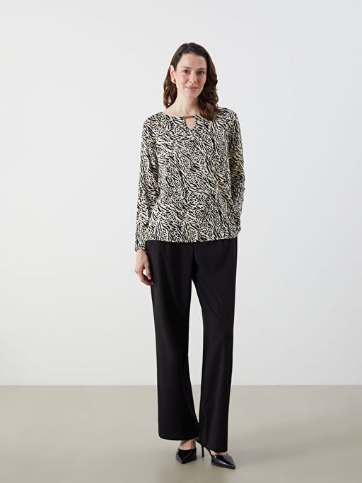 Bisiklet Yaka Desenli Uzun Kollu Kad?n Bluz