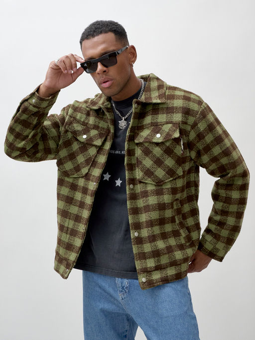 Куртка рубашка шерстяная в клетку мужская демисезонная зеленого цвета 58566Z