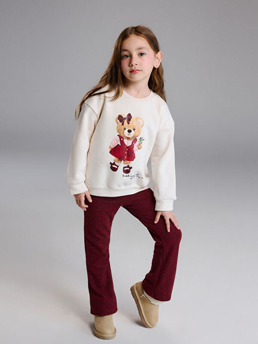 Ay?c?k Bask?l? K?z ?ocuk Sweatshirt ve Tayt Pantolon 2li