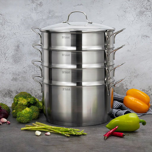 Пароварка (мантоварка) из нержавеющей стали Брилон 7л, д26см, h14см, s0,6мм, дно д23,5см, s4мм, три уровня h7,5см, стеклянная жаропрочная крышка, стальной обод, пароотвод, ручки из нержавеющей стали на сварке, капсулированное дно, полировка матовая - Домашняя мода фото 7