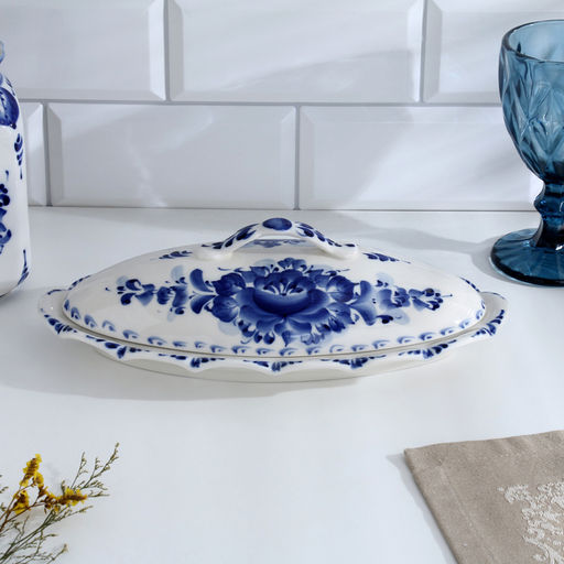 Селёдочница с крышкой «Семейная», 28.5×14.5×9 см, фарфор, гжель