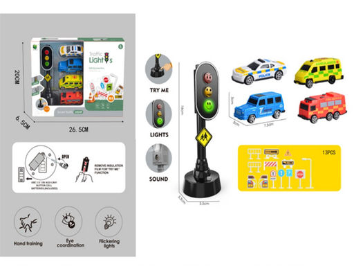 Светофор на батар. + машинки 4шт., и дорожные знаки (2323772) свет, звук