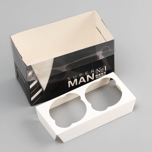 Цена за 5 шт. Коробка для 2 капкейка с прозрачной крышкой, Мужская, 16?8?10 см