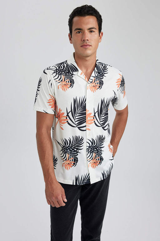 Рубашка из чесаного хлопка с короткими рукавами и воротником в стиле пэчворк стандартного кроя с принтом - Defacto фото 7