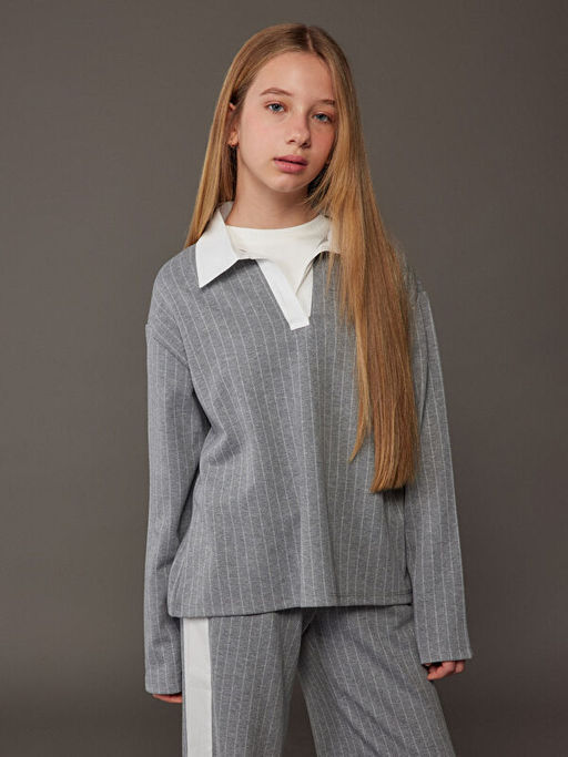Polo Yaka ?izgili K?z ?ocuk Sweatshirt ve Tayt