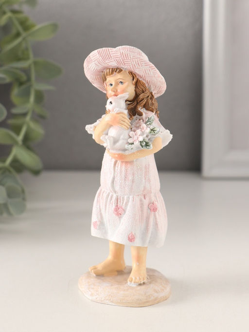 Фигурка полистоун Девочка с кроликом и цветами, в шляпке, розовый, 5?4.5?12 см