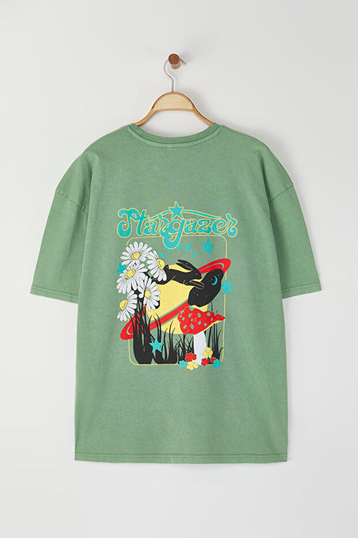Ye_il Oversize/Geni_ Kesim Bisiklet Yaka K_sa Kollu Asit Y_kamal_ Bask_l_ Tok T-shirt TMNSS22TS0831 - Trendyolmilla фото 2
