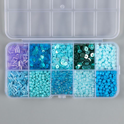 Бисер стекло 6/0, 12/0 в шкатулке «Голубой», стеклярус и пайетки, 12.5×6.5×2 см