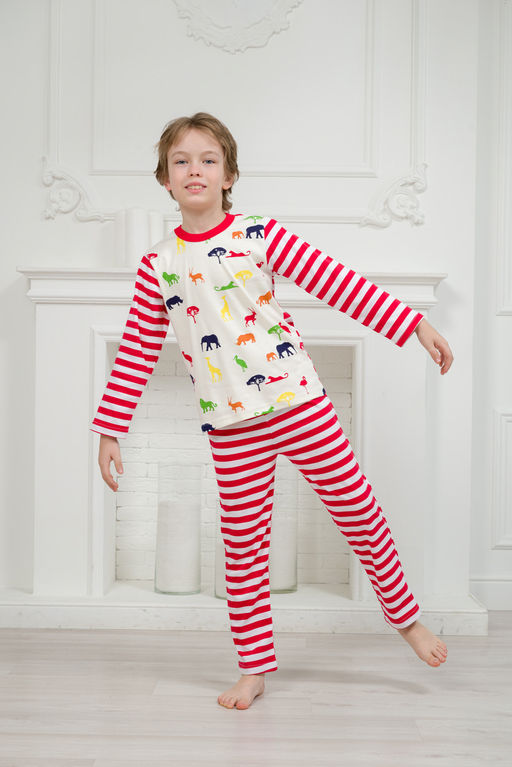 Пижама детская из джемпера и брюк без манжет из интерлока Сафари красный полоса - Амадэль фото 10