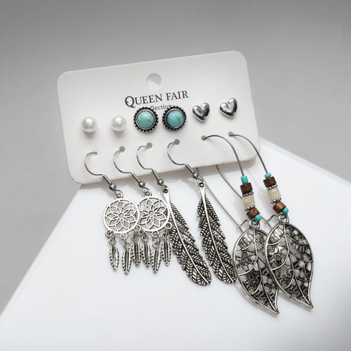 Набор серег QF «Хиппи», 6 пар, ловец снов, цветные в чернёном серебре