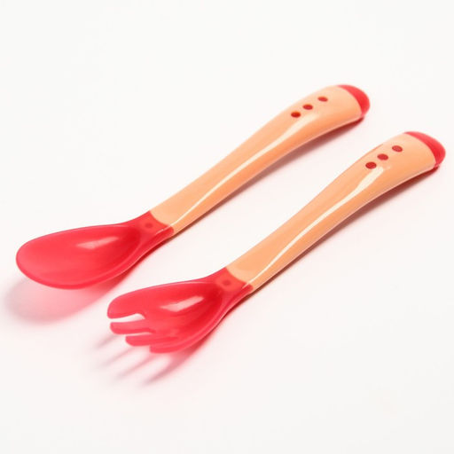 Набор приборов для кормления: термовилка и термоложка, 2 шт., красно-бежевый