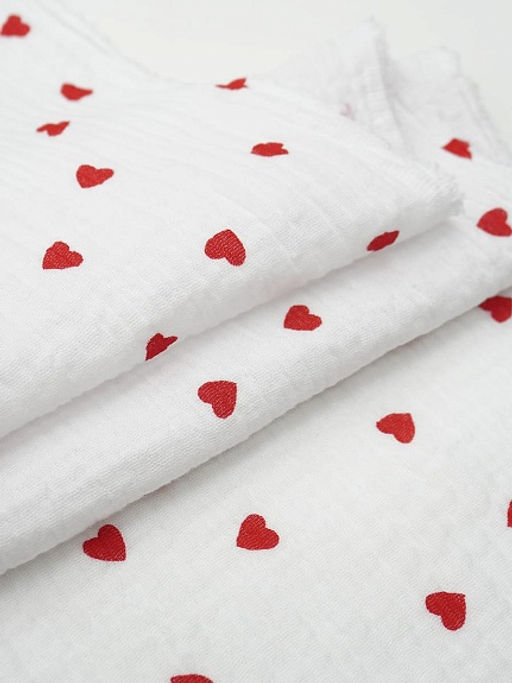 Муслин двухслойный с эф.жатости Сердечки красные - россыпь цв.белый, ш.1.4м, хл-100%, 120гр/м.кв - Купава фото 4