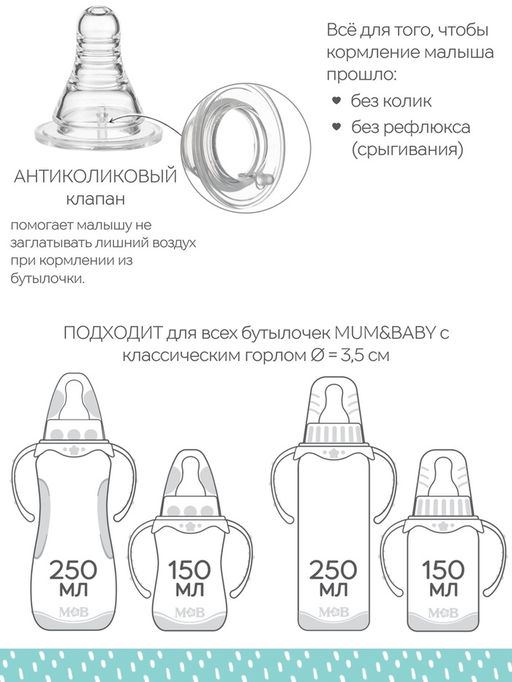 Соска на бутылочку M&B Anti-colic, антиколиковая, от 0 мес., КЛ, 3 шт.