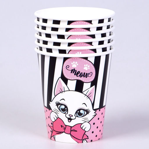 УЦЕНКА Набор бумажной посуды c масками «Кошечка», 6 тарелок, 6 стаканов, 6 масок