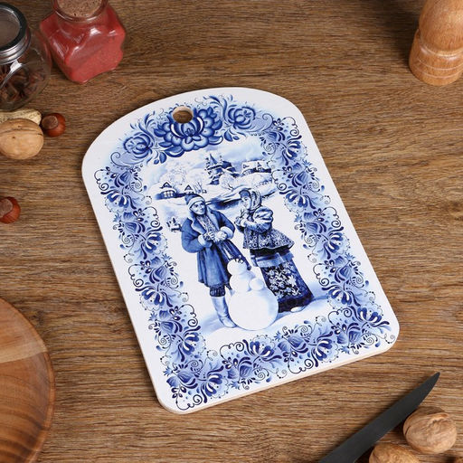 Цена за 2 шт. Доска разделочная новогодняя Дарим Красиво Гжель.Снеговик, 19.5?27.5?0.6 см, дерево