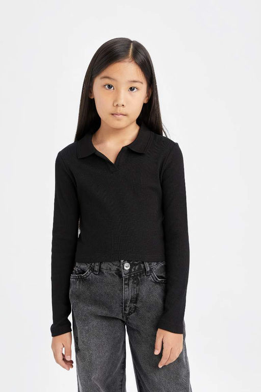 Укороченная футболка с воротником-поло для девочек, базовая футболка в рубчик с длинными рукавами - Defacto фото 3
