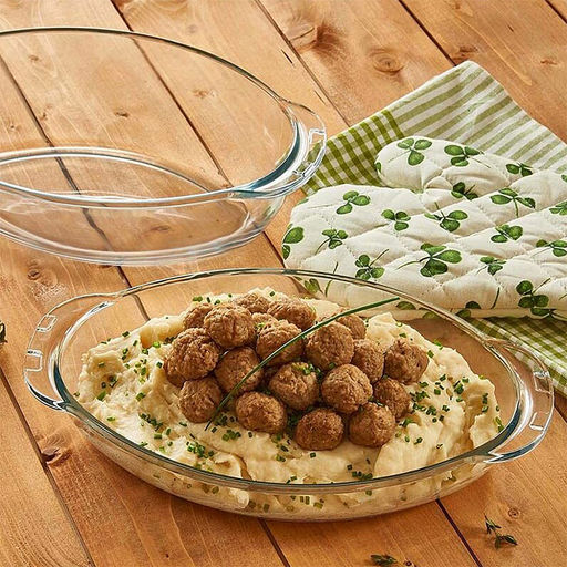 "Боркам (Borcam)" Утятница стеклянная жаропрочная 2л 19х33х6см, стеклянная крышка 2л - 19х33х5,5см, овальная, цветной картон, Pasabahce (Турция)