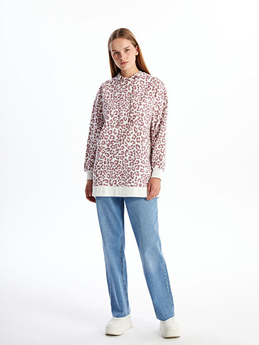 Kap??onlu Leopar Desenli Kad?n Sweatshirt Tunik